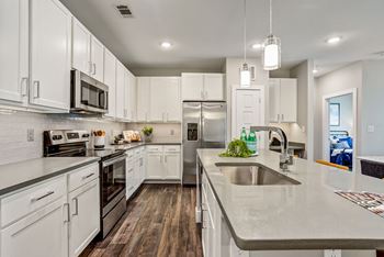 Stainless appliances including french door refrigerator with bottom freezer